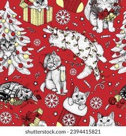 Seamless vector pattern with Christmas cats in engraving style