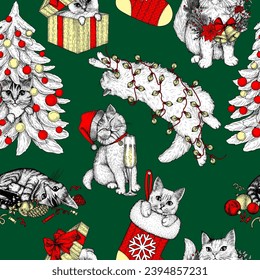 Seamless vector pattern with Christmas cats in engraving style