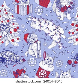 Seamless vector pattern with Christmas cats in engraving style	