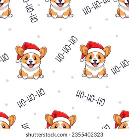 Seamless vector pattern. Christmas pattern with corgi with santa claus hat, ho-ho-ho caption, snowflakes. . Vector illustration