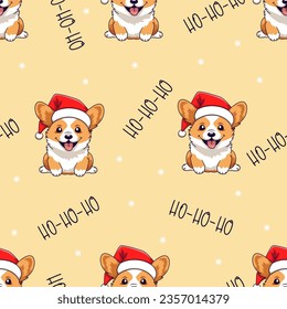 Seamless vector pattern. Christmas pattern with corgi with santa claus hat, ho-ho-ho caption, snowflakes. 