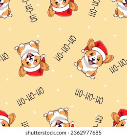 Seamless vector pattern. Christmas pattern with corgi with santa claus hat, ho-ho-ho caption, snowflakes. 