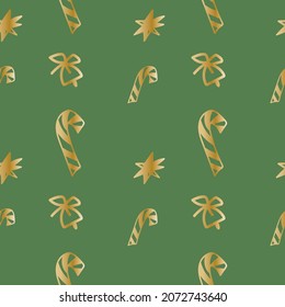 Seamless vector pattern with Christmas cute illustrations of gold line on green background. Winter,holiday print in doodle style hand drawn. Designs for textile, wrapping paper, fabric, scrapbooking.