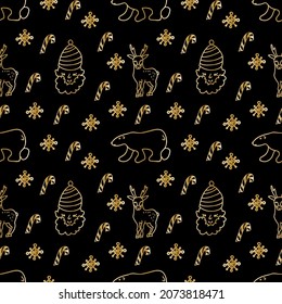 Motif vectoriel harmonieux avec de jolies illustrations de Noël de rennes et d'ours avec une ligne dorée sur fond noir.Hiver, impression de vacances à la main dessinée à la main.Conceptions pour le textile, papier d'emballage.