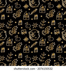 Seamless vector pattern with Christmas cute illustrations of  bears with gold line on black background.Winter,holiday print in doodle style hand drawn.Designs for textile,wrapping paper.