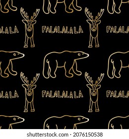 Seamless vector pattern with Christmas cute illustrations of reindeer and bears with gold line on black background.Winter,holiday print in doodle style hand drawn.Designs for textile,wrapping paper.