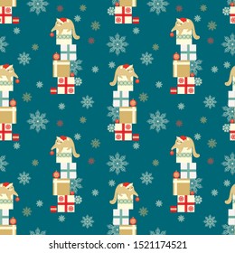 Seamless vector pattern with Christmas decoration, cats, snowflakes, baubles and gift boxes on turquoise-green background