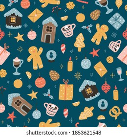 Seamless vector pattern with Christmas decoration. New Year background for fabric, textile, wallpaper