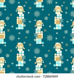 Seamless vector pattern with Christmas decoration, cats, snowflakes, baubles and gift boxes on turquoise-green background