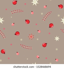 Seamless vector pattern with Christmas decorations on gray backgorund. Concept suitable for wallpaper, textile, fabric and wrapping paper, surface textures.