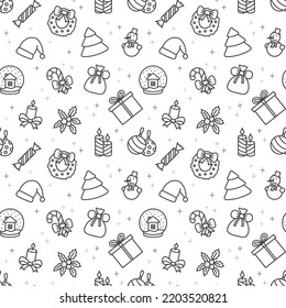 Seamless vector pattern Christmas decorations. For fabric, paper, wrap, textile, poster, scrapbooking, wallpaper or background, for web site or mobile app.