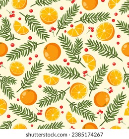 Seamless vector pattern of Christmas decorations, fir branches, oranges, holly berries, snowflakes on a white background. Decorative New Year pattern for holiday packaging, wrapping paper, textiles.