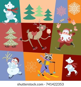 Seamless vector pattern with Christmas decorations, gifts, santa Claus, snowman, polar bears, cute raccoon, deer and snowflakes.