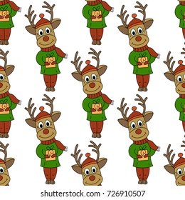 Seamless vector pattern with Christmas deers. Winter cartoon backround for modern holiday designs.