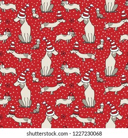 Seamless vector pattern with christmas dogs on red background