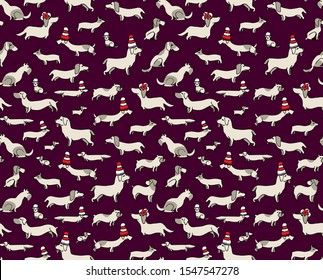 Seamless vector pattern with christmas dogs on coffee-brown  background