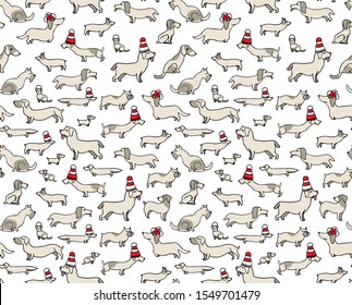 Seamless vector pattern with christmas dogs on white background