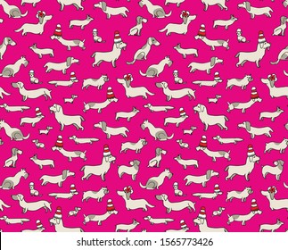 Seamless vector pattern with Christmas dogs on pink background