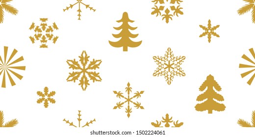 Seamless vector pattern with Christmas elements. Golden Xmas trees, snowflakes and other decorations on white background. Template for cards and gift wrappings.