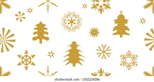 Seamless vector pattern with Christmas elements. Golden Xmas firs, snowflakes and other decorations on white background. Template for cards and gift wrappings.