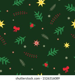 Seamless vector pattern with Christmas elements oon green backgorund. Concept suitable for wallpaper, textile, fabric and wrapping paper, surface textures.