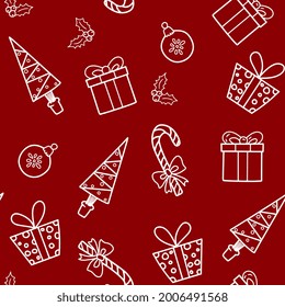 Seamless vector pattern with Christmas elements on red background. Beautiful pattern for gift wrapping papers, greeting cards, decoration.