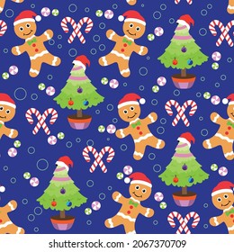 Seamless vector pattern with Christmas elements tree, Ginger bread and Candy.