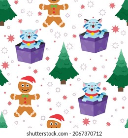 Seamless vector pattern with Christmas elements Cat, gifts, tree, Ginger bread and snow.