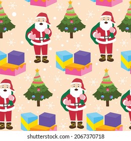 Seamless vector pattern with Christmas elements Santa, gifts, tree.