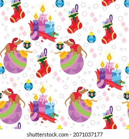 Seamless vector pattern with Christmas elements Candles, Socks, Ornaments, Rat and snow.