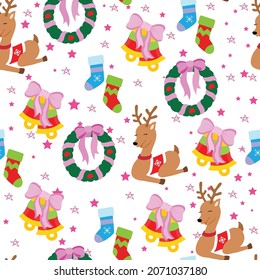 Seamless vector pattern with Christmas elements Reindeer, Bells, Wreath, and socks.