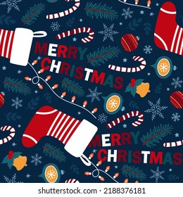 Seamless vector pattern with Christmas elements and inscription Merry Christmas. For fabrics, wrapping paper, wallpapers.