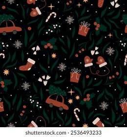 Seamless vector pattern with Christmas elements on dark green background. New Year doodle style symbols. Winter backdrop for paper and textile