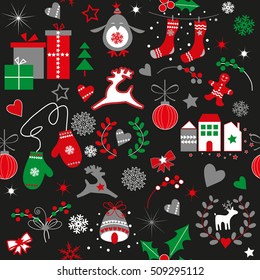 Seamless vector pattern. Christmas elements on black background