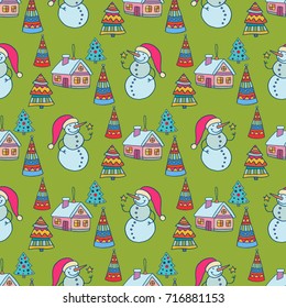 Seamless vector pattern with christmas elements - snowmen, ornaments, trees. Lovely vector illustration and design for fabrics, textile, wallpaper and background.