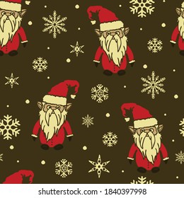 Seamless vector pattern with Christmas elf on brown background. Simple seasonal wallpaper design with Santa Claus. Winter fashion textile.