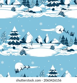 Seamless vector pattern with Christmas fairy tale on blue background. Winter season landscape wallpaper design. Decorative festive fashion textile.