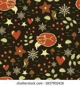 Nahtlose Vektorgrafik mit Weihnachtsblumen auf braunem Hintergrund. Einfache Winterwaldtapete mit Schlaffuchs. Schöne, moderne und moderne Dekoration.