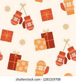 seamless vector pattern. Christmas pattern, Christmas gifts, gift boxes, mittens with Christmas patterns, snowflakes