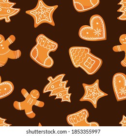 seamless vector pattern Christmas gingerbread cookies on a chocolate background.  christmas pattern for wrapping paper, fabric, gifts, design.
