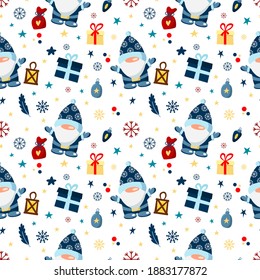 Seamless vector pattern with Christmas gnomes, snowflakes, and gifts on a white background. Blue dwarf with a flashlight, vector illustration for kids.