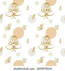 Patrón vectorial sin foco Navidad en color oro y champán. Repetidor, invierno, festivo, dibujado a mano en forma de doodle.Diseño para textiles, tela, papel de envoltura, papel de scrapbook, embalaje.