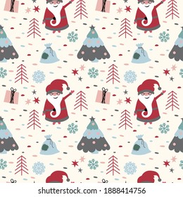 Seamless Vector Pattern With Christmas Illustrations. Cute Cartoon Characters And Elements, Santa, Snowman, Tree. For Wrapping Paper, Textile, Decorations.