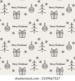 Patrón de Vector inconsútil de letras y símbolos de Navidades, papel de embalaje decorativo monocromo, Fondo de pantalla, impresión textil. 