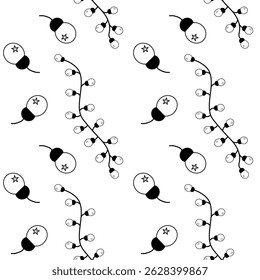 Seamless vector pattern with Christmas light bulbs and festive garlands in black and white. Great for holiday wrapping, packaging, and winter crafts.