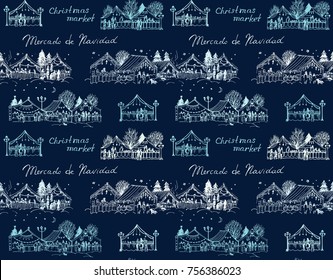 Seamless vector pattern with Christmas market illustration on dark background