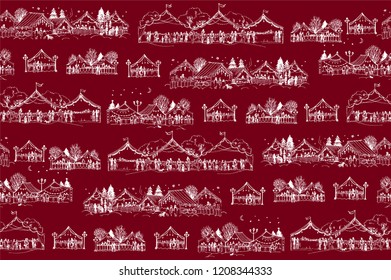 Seamless vector pattern with Christmas markets on purple -red background