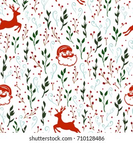 Seamless vector pattern with Christmas motif - reindeer, Santa Claus and branches