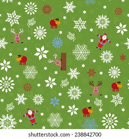 Seamless vector pattern for Christmas motifs with Santa, reindeer, sheep and many snowflakes over green seamless background