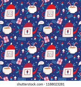 Seamless vector pattern with Christmas mugs and teapots. Can be used for wallpaper, pattern fills, web page background, surface textures, gifts. Creative Hand Drawn textures for winter holidays.